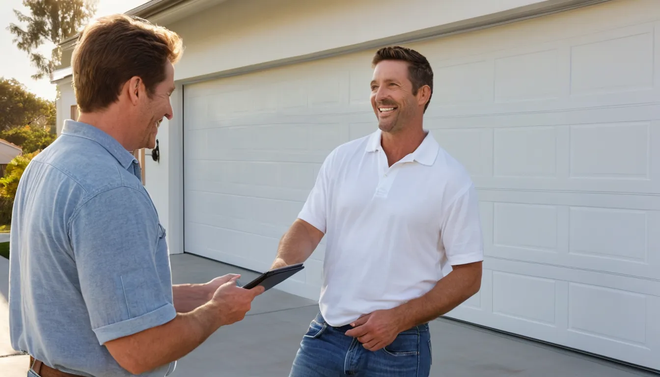 Friendly provider checking a new garage door on a stucco home in Daly City