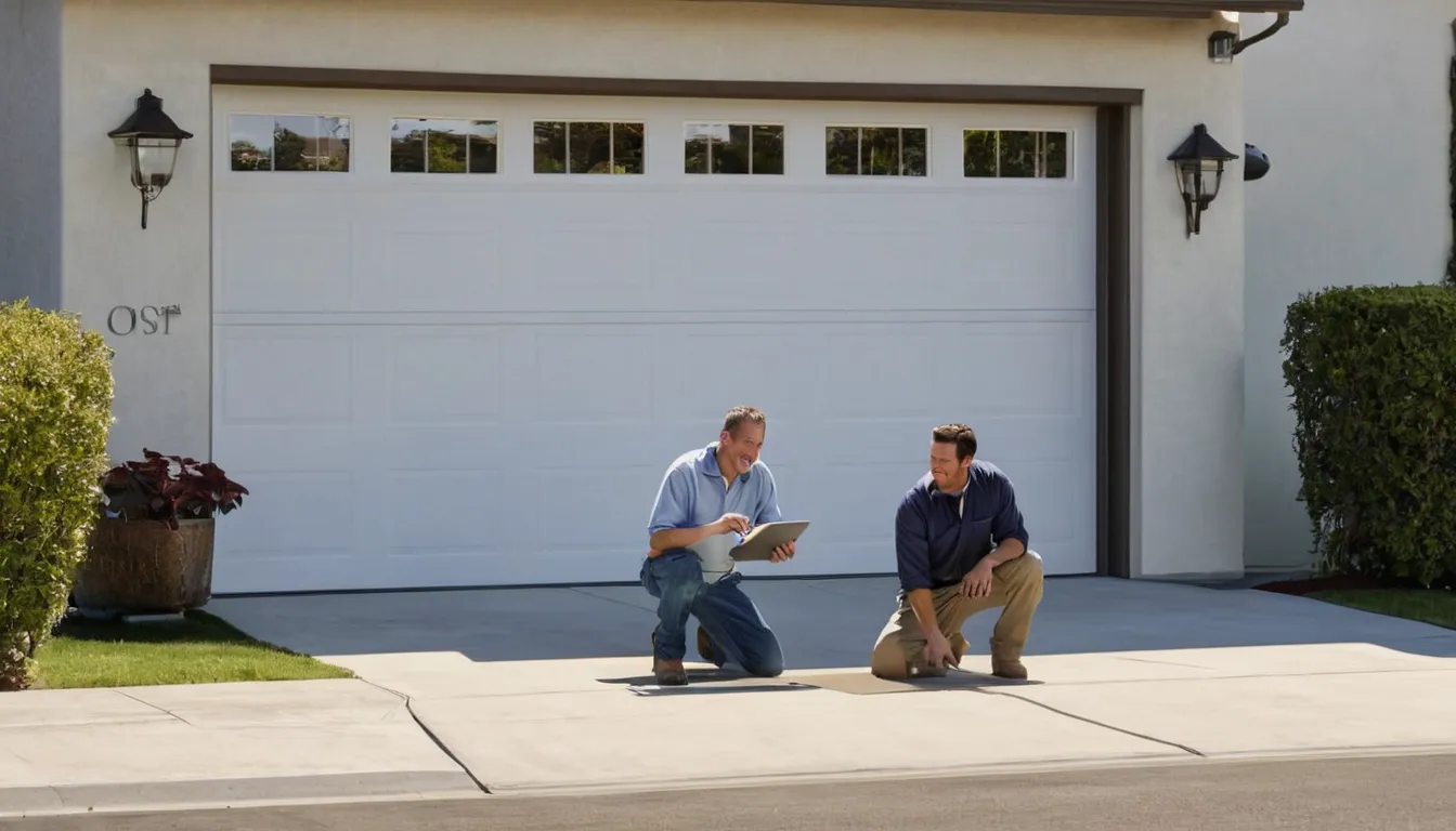 Local provider inspecting a residential garage door on a stucco home in Daly City